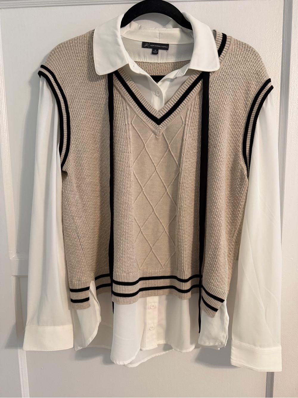 Adrianna Papell Beige V-Neck Sweater Vest with Black Trim